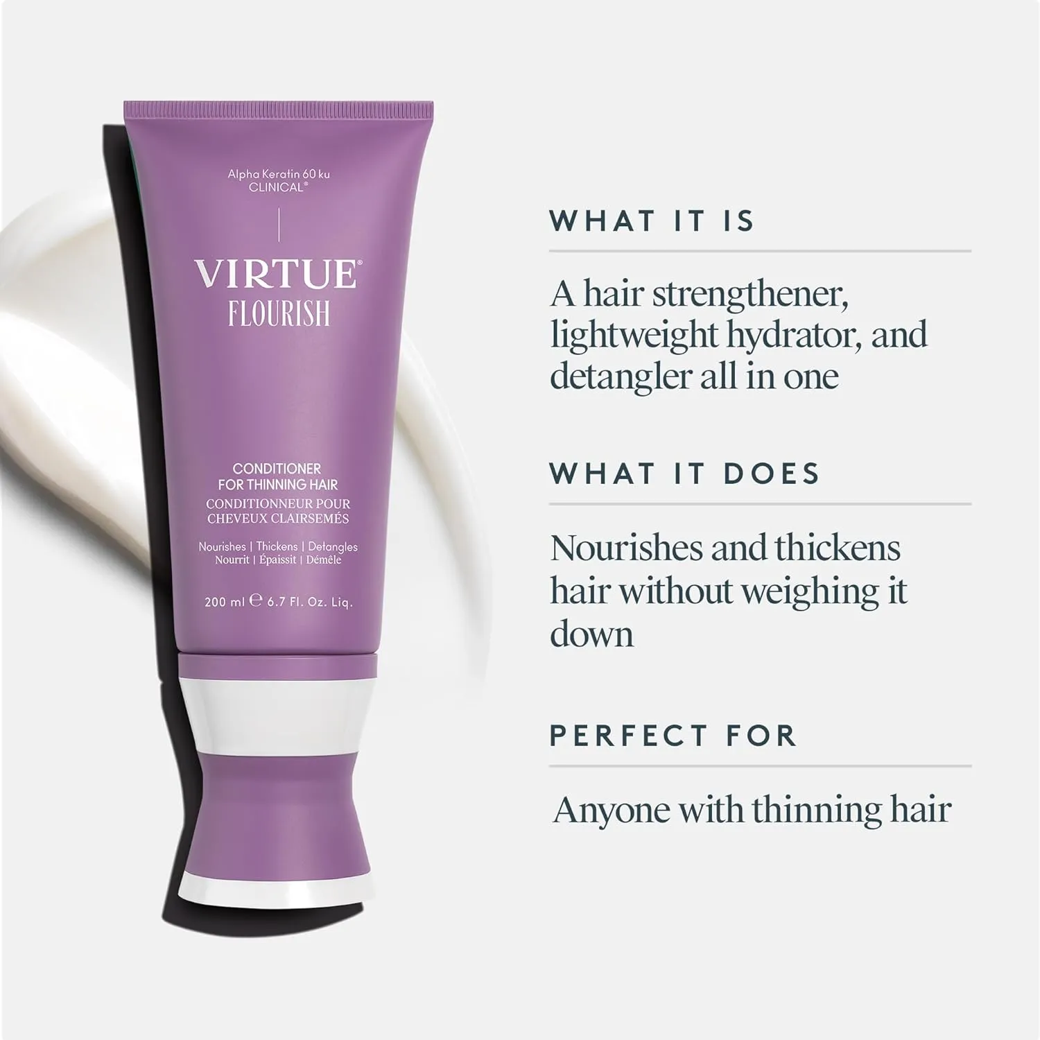 VIRTUE Flourish Conditioner for Fine or Thinning Hair, Sulfate Free Hair Growth Product, Detangles and Thickens, Color Safe