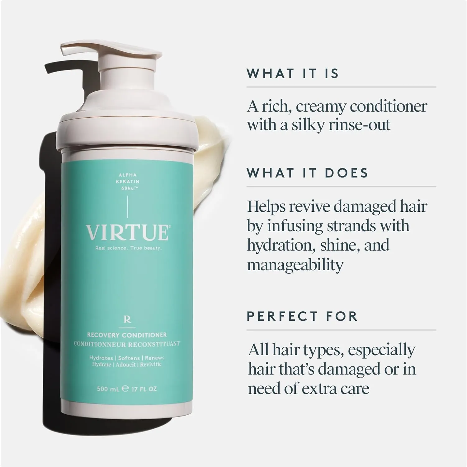 Virtue Recovery Conditioner with Keratin Hydrates, Softens, and Renews Damaged Hair, Sulfate Free, Color Safe