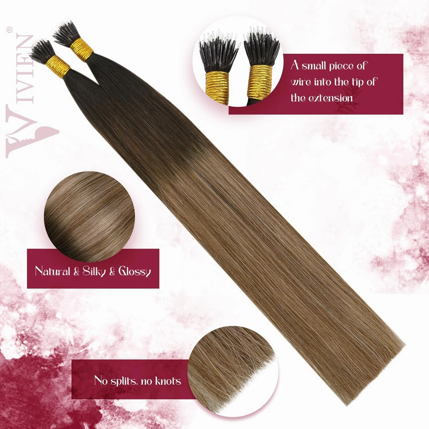 Vivien Nano Bead Hair Extensions Human Hair Dark Brown to Medium Brown and Ash Blonde Nano Extensions Real Human Hair Silky Straight 18 Inch 50G/50S #2/6/18