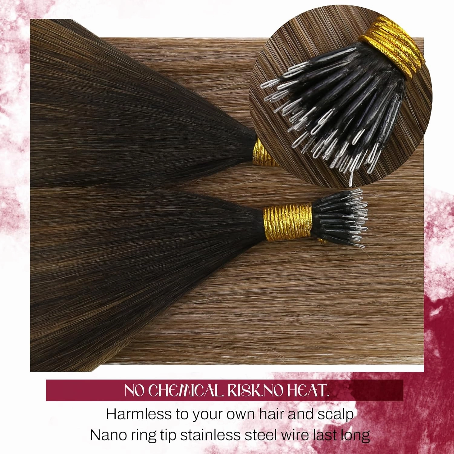 Vivien Nano Bead Hair Extensions Human Hair Dark Brown to Medium Brown and Ash Blonde Nano Extensions Real Human Hair Silky Straight 18 Inch 50G/50S #2/6/18