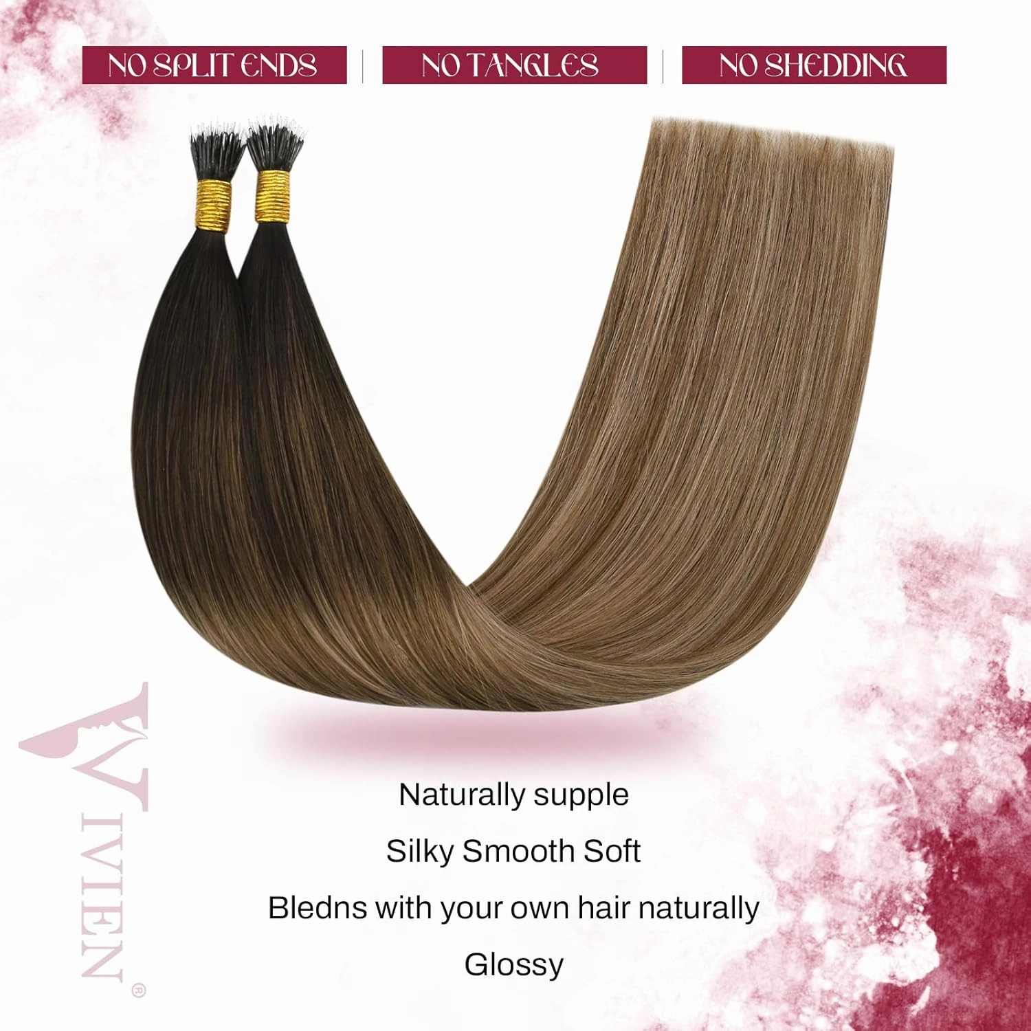 Vivien Nano Bead Hair Extensions Human Hair Dark Brown to Medium Brown and Ash Blonde Nano Extensions Real Human Hair Silky Straight 18 Inch 50G/50S #2/6/18