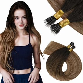 Vivien Nano Bead Hair Extensions Human Hair Dark Brown to Medium Brown and Ash Blonde Nano Extensions Real Human Hair Silky Straight 18 Inch 50G/50S #2/6/18