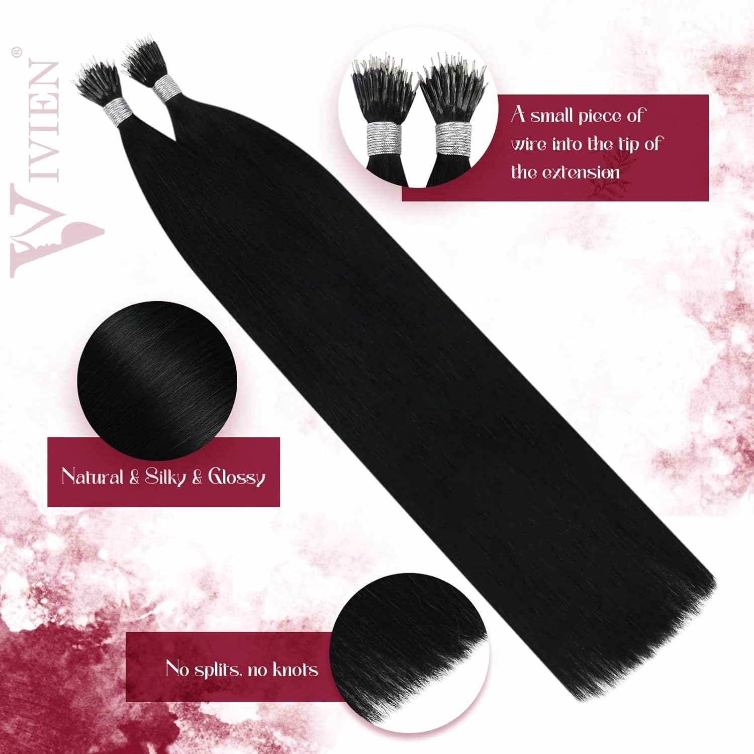 Vivien Nano Hair Extensions Human Hair Black 18 Inch Nano Ring Hair Extensions Real Human Hair Jet Black Hair Extensions 50G/50S