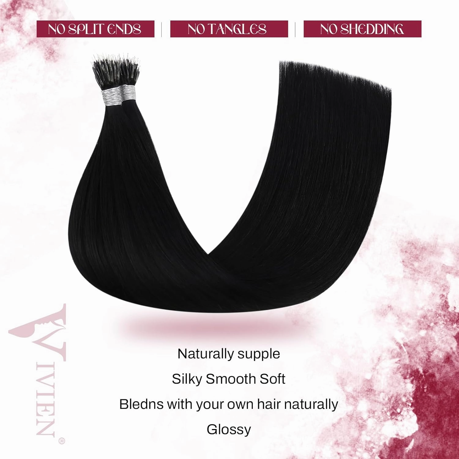 Vivien Nano Hair Extensions Human Hair Black 18 Inch Nano Ring Hair Extensions Real Human Hair Jet Black Hair Extensions 50G/50S