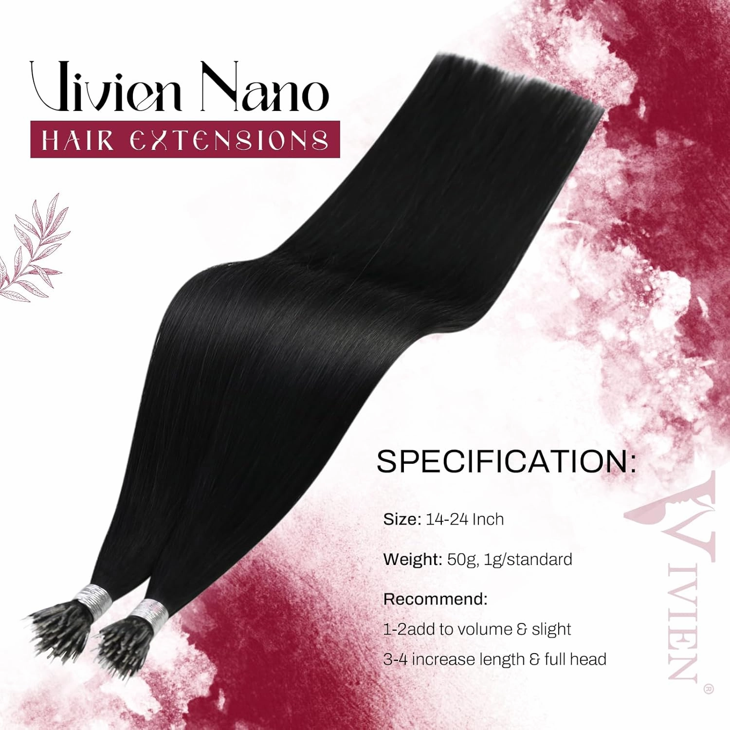 Vivien Nano Hair Extensions Human Hair Black 18 Inch Nano Ring Hair Extensions Real Human Hair Jet Black Hair Extensions 50G/50S