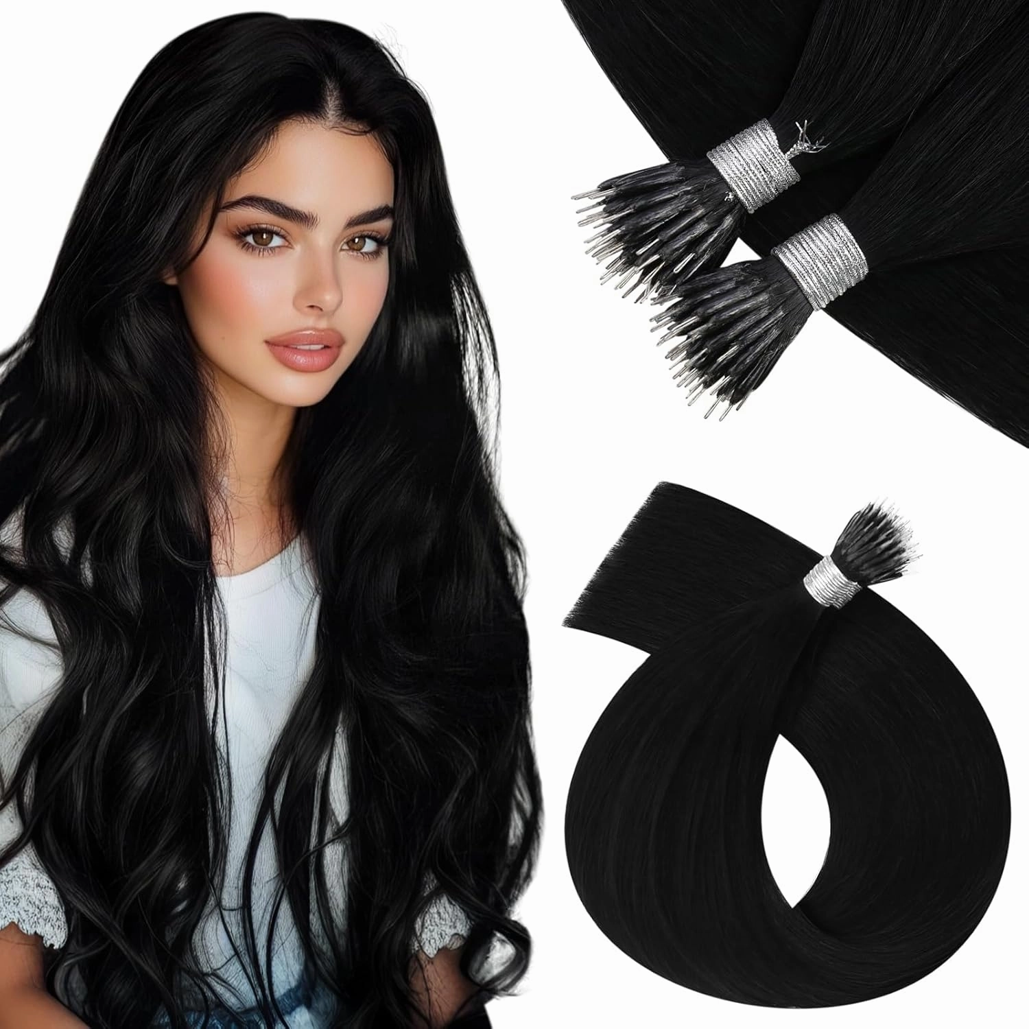 Vivien Nano Hair Extensions Human Hair Black 18 Inch Nano Ring Hair Extensions Real Human Hair Jet Black Hair Extensions 50G/50S