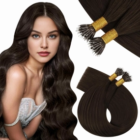 Vivien Nano Hair Extensions Human Hair Dark Brown Nano Tip Hair Extensions Real Human Hair Brown Straight Cold Fusion 18 Inch 50G/50s