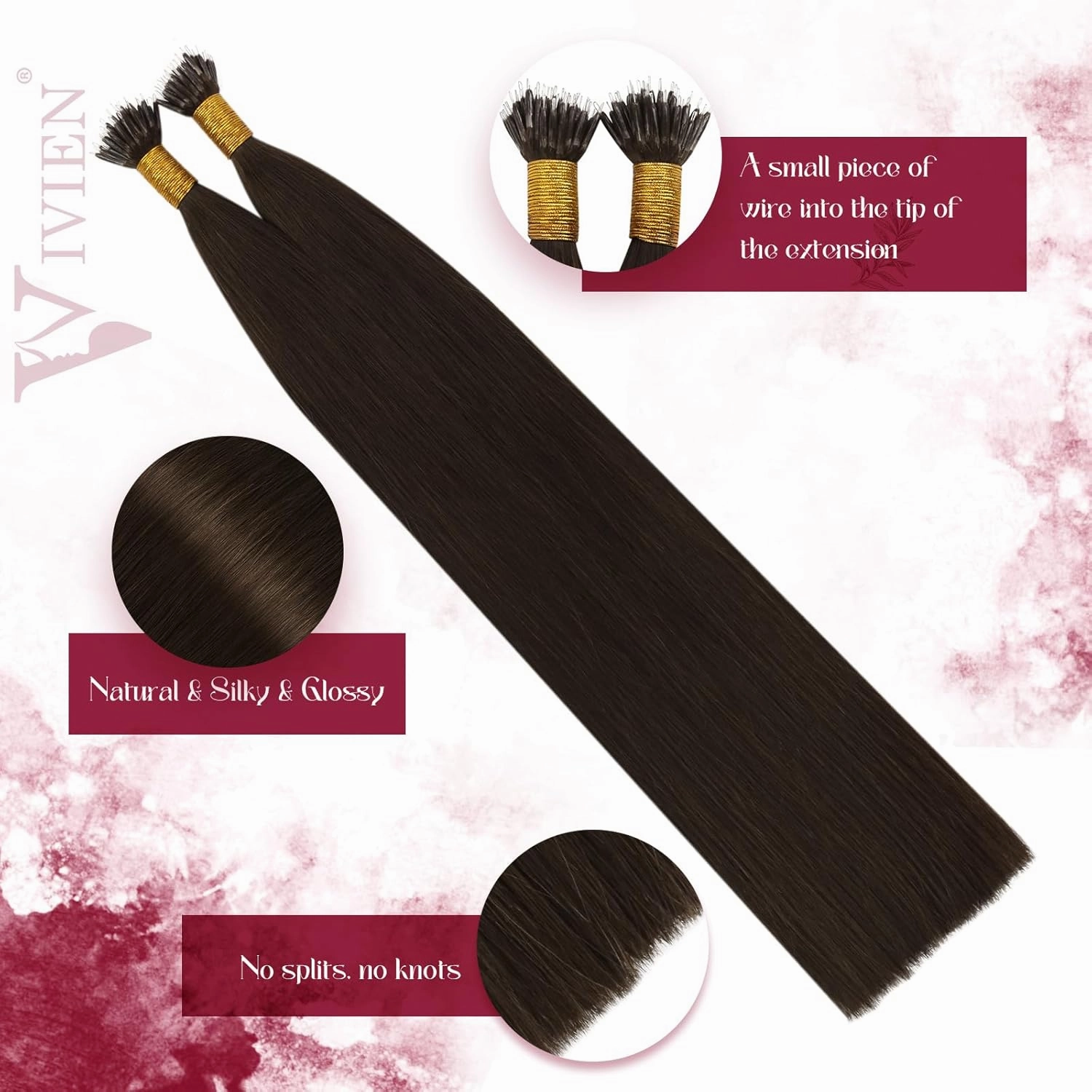 Vivien Nano Hair Extensions Human Hair Dark Brown Nano Tip Hair Extensions Real Human Hair Brown Straight Cold Fusion 18 Inch 50G/50s