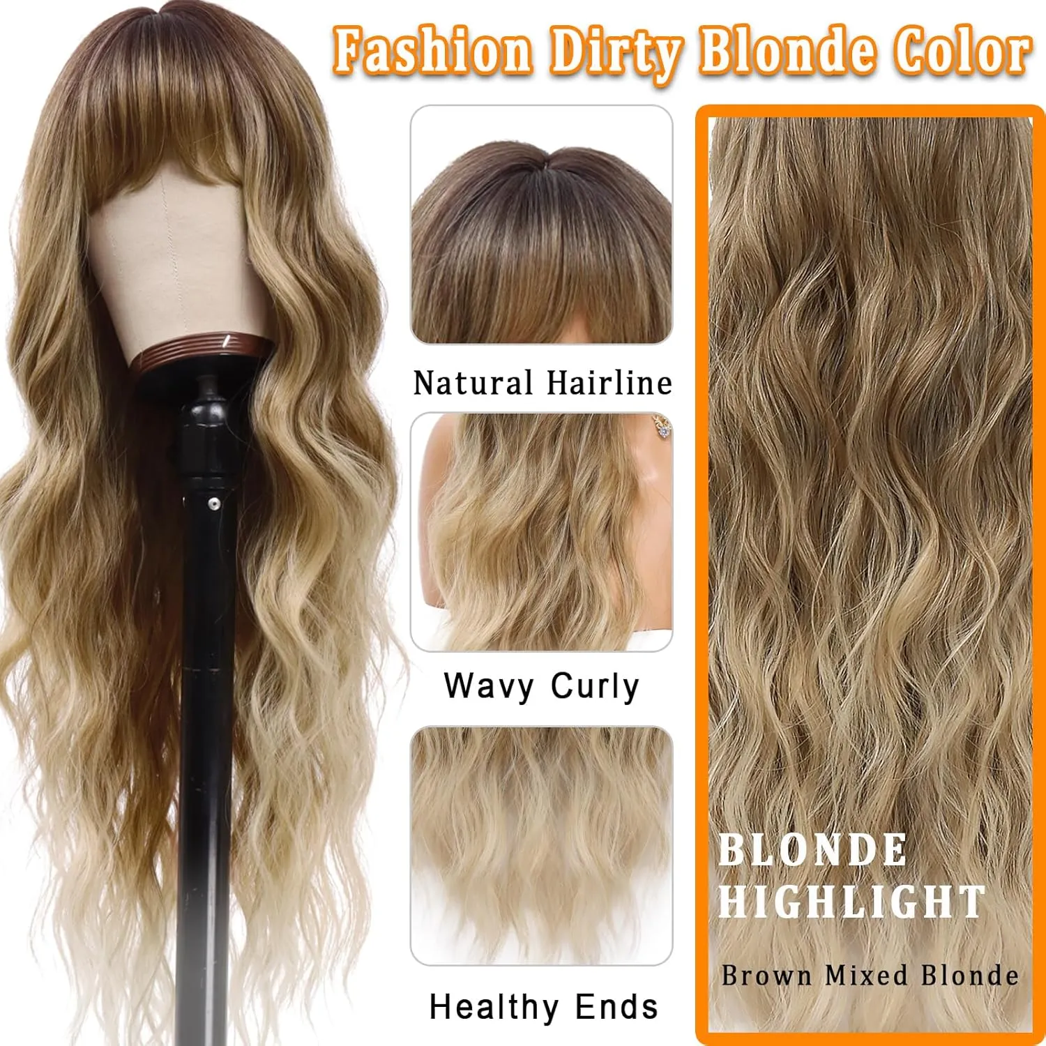 Vomella Dirty Blonde Wig with Bangs 26 Inch Long Curly Wavy Wigs for Women Natural Looking Synthetic Heat Resistant Wig for Daily Party Use