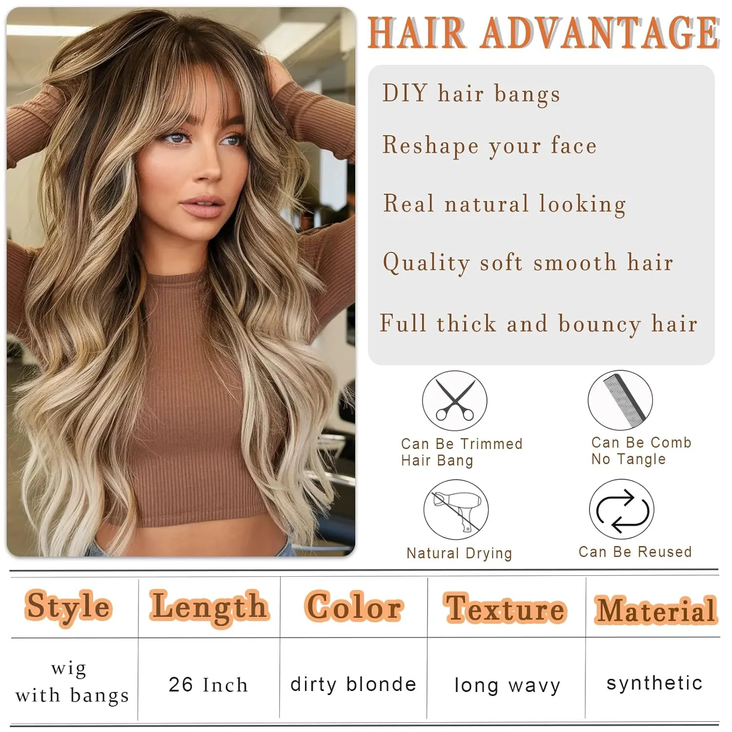 Vomella Dirty Blonde Wig with Bangs 26 Inch Long Curly Wavy Wigs for Women Natural Looking Synthetic Heat Resistant Wig for Daily Party Use