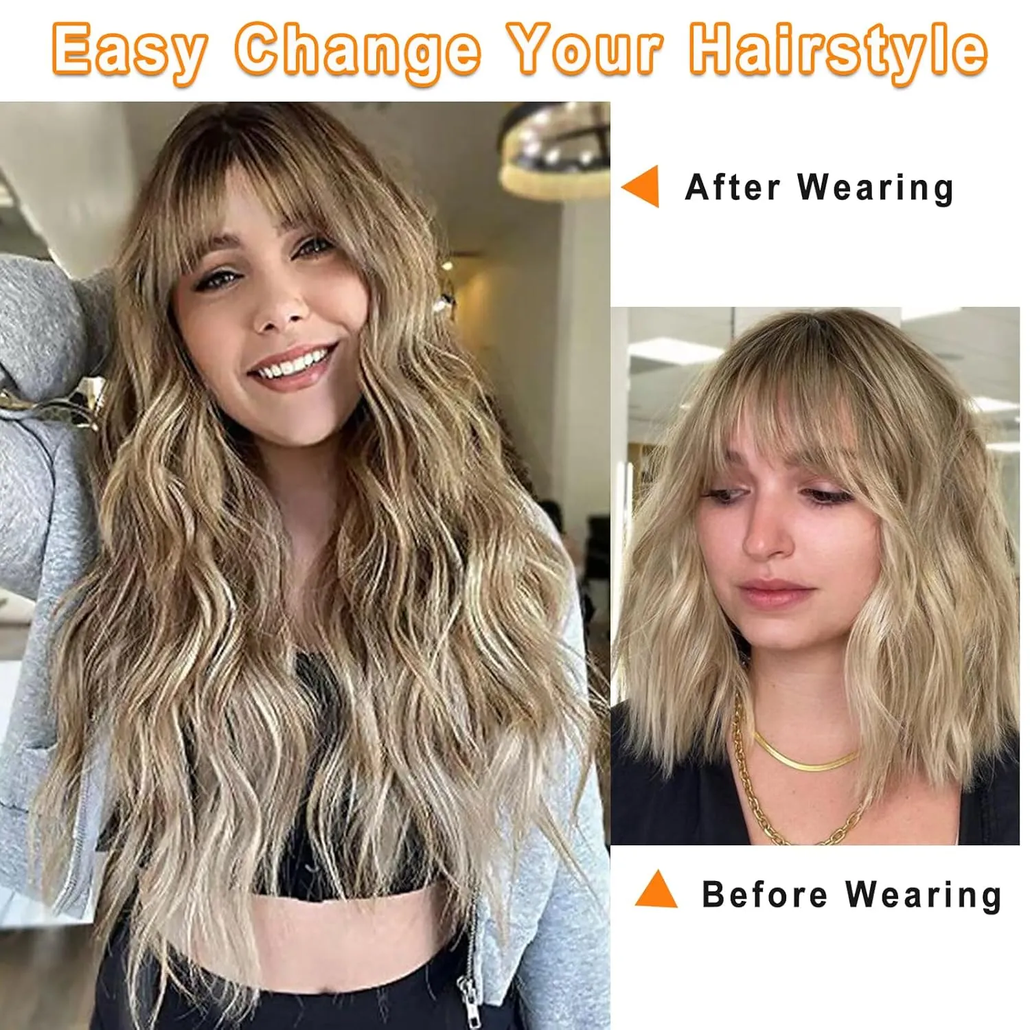 Vomella Dirty Blonde Wig with Bangs 26 Inch Long Curly Wavy Wigs for Women Natural Looking Synthetic Heat Resistant Wig for Daily Party Use