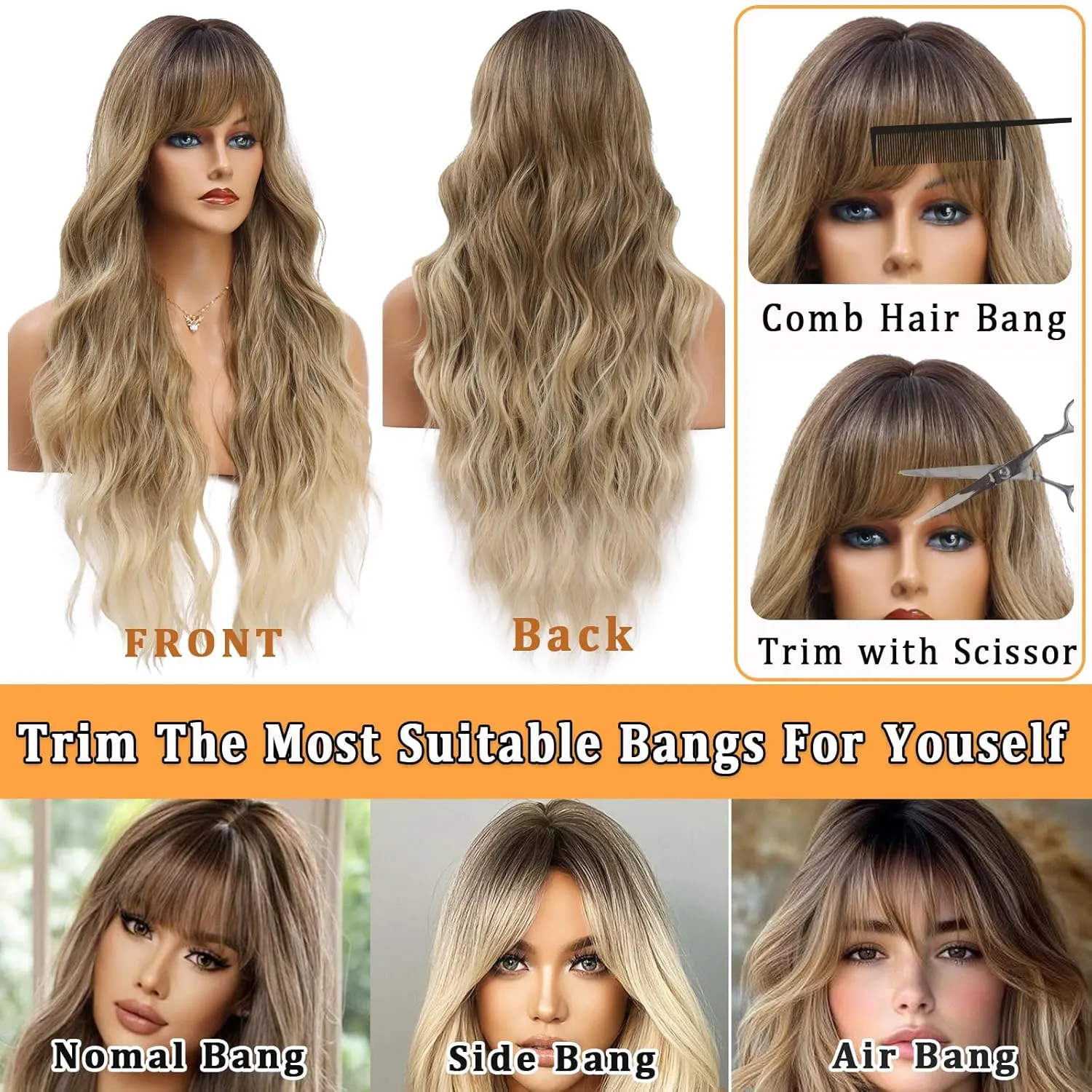 Vomella Dirty Blonde Wig with Bangs 26 Inch Long Curly Wavy Wigs for Women Natural Looking Synthetic Heat Resistant Wig for Daily Party Use