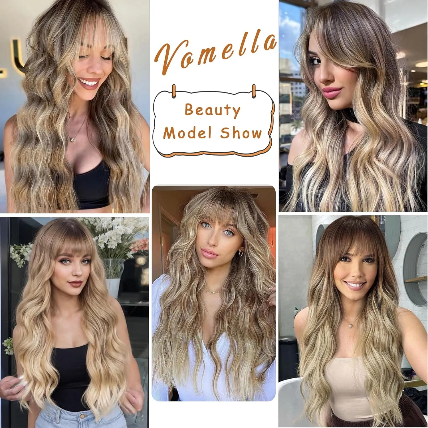 Vomella Dirty Blonde Wig with Bangs 26 Inch Long Curly Wavy Wigs for Women Natural Looking Synthetic Heat Resistant Wig for Daily Party Use