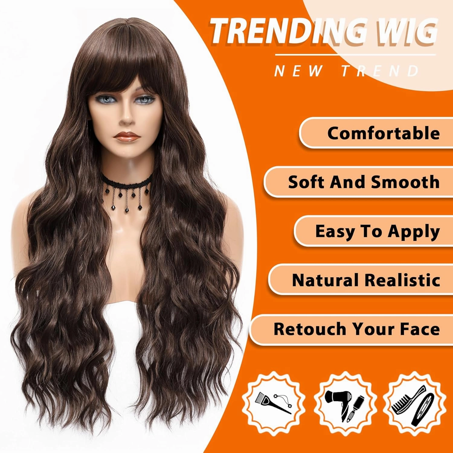 Vomella Dark Brown Wig with Bangs 26 Inch Long Curly Wavy Wigs for Women Natural Looking Synthetic Heat Resistant Wig for Daily Party Cosplay Use