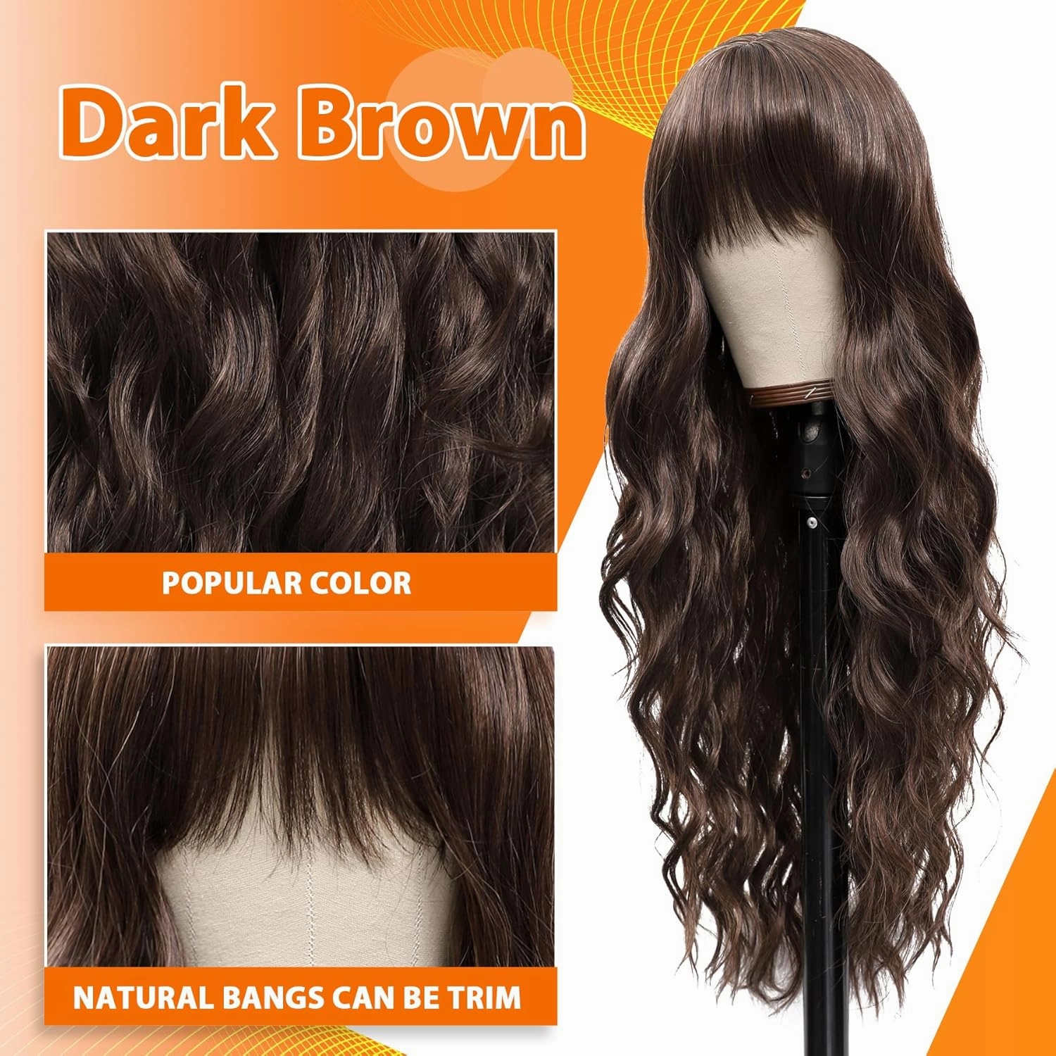 Vomella Dark Brown Wig with Bangs 26 Inch Long Curly Wavy Wigs for Women Natural Looking Synthetic Heat Resistant Wig for Daily Party Cosplay Use