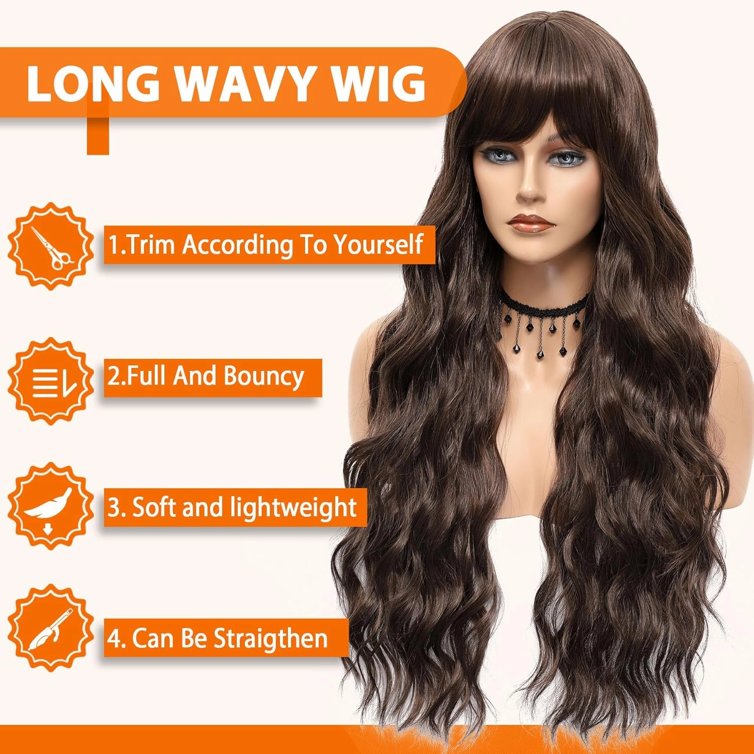 Vomella Dark Brown Wig with Bangs 26 Inch Long Curly Wavy Wigs for Women Natural Looking Synthetic Heat Resistant Wig for Daily Party Cosplay Use