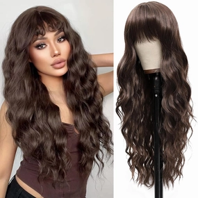Vomella Dark Brown Wig with Bangs 26 Inch Long Curly Wavy Wigs for Women Natural Looking Synthetic Heat Resistant Wig for Daily Party Cosplay Use