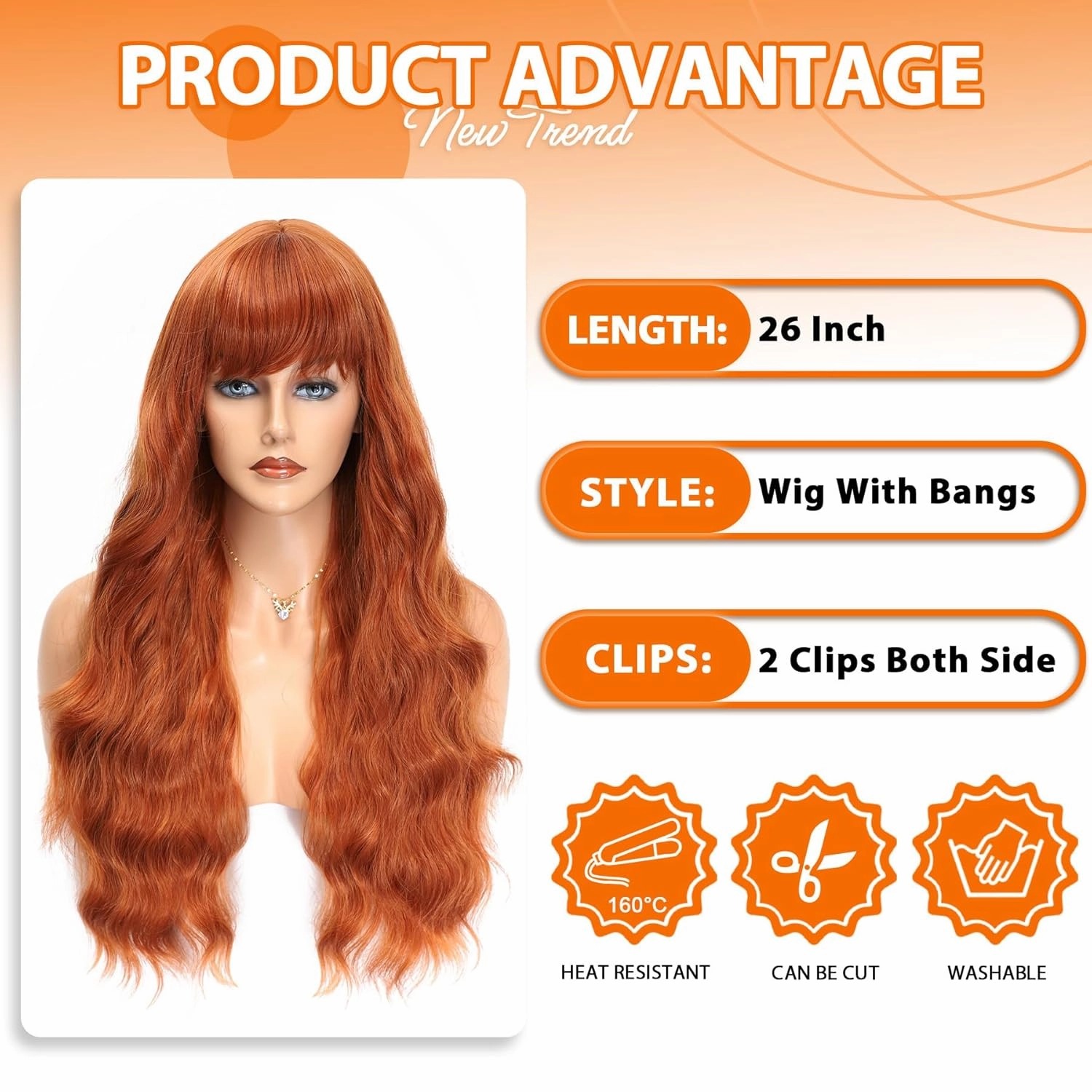 Vomella Ginger Orange Wig With Bangs 26 Inch Long Curly Wavy Wigs for Women Natural Looking Synthetic Heat Resistant Wig for Daily Party Use