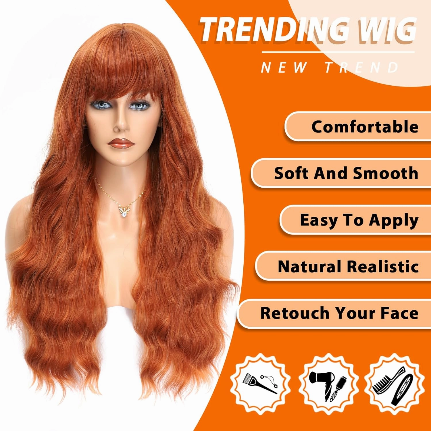 Vomella Ginger Orange Wig With Bangs 26 Inch Long Curly Wavy Wigs for Women Natural Looking Synthetic Heat Resistant Wig for Daily Party Use