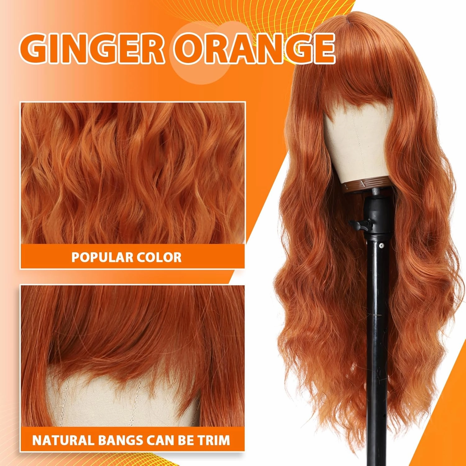 Vomella Ginger Orange Wig With Bangs 26 Inch Long Curly Wavy Wigs for Women Natural Looking Synthetic Heat Resistant Wig for Daily Party Use