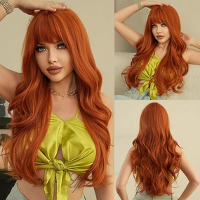 Vomella Ginger Orange Wig With Bangs 26 Inch Long Curly Wavy Wigs for Women Natural Looking Synthetic Heat Resistant Wig for Daily Party Use