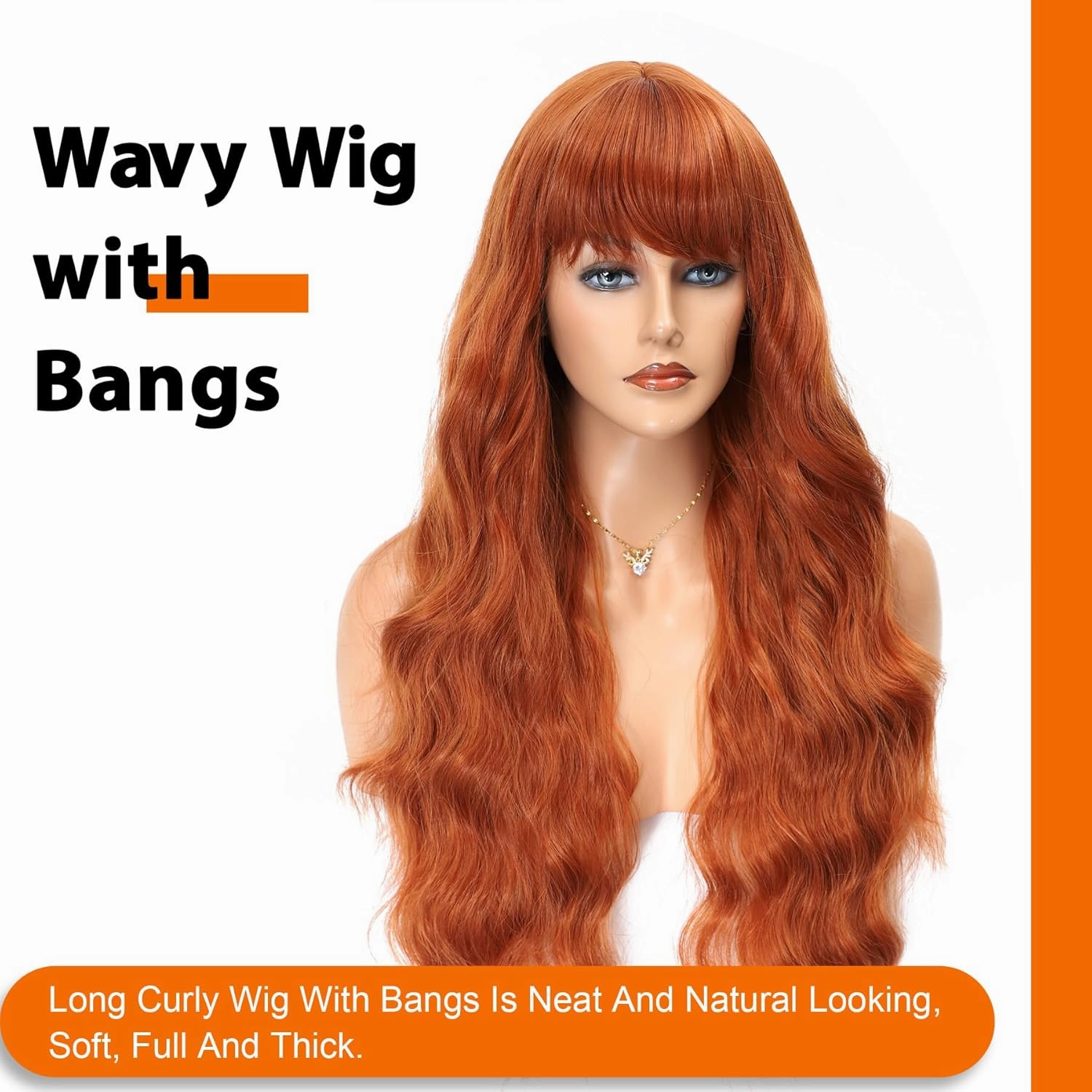 Vomella Ginger Orange Wig With Bangs 26 Inch Long Curly Wavy Wigs for Women Natural Looking Synthetic Heat Resistant Wig for Daily Party Use