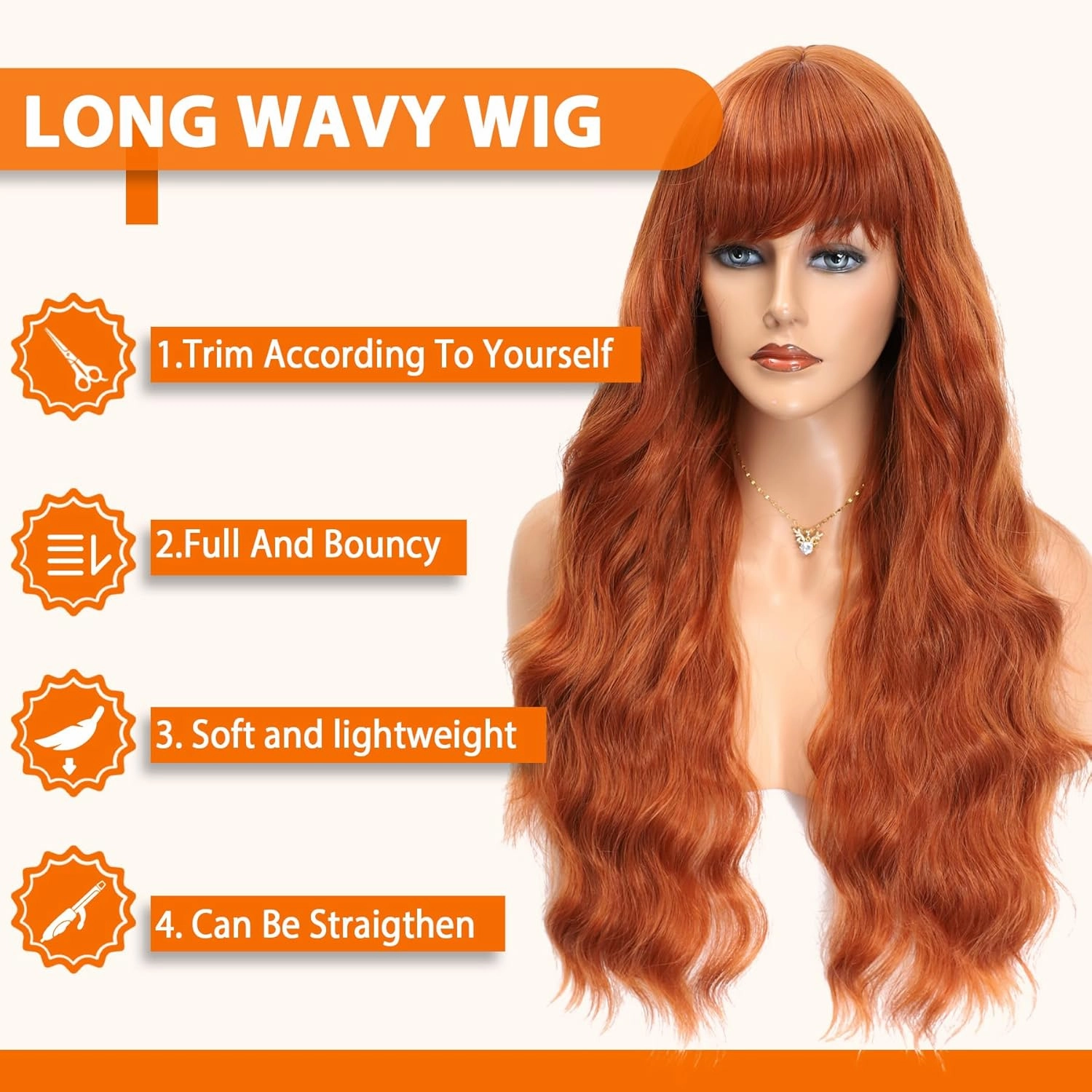 Vomella Ginger Orange Wig With Bangs 26 Inch Long Curly Wavy Wigs for Women Natural Looking Synthetic Heat Resistant Wig for Daily Party Use