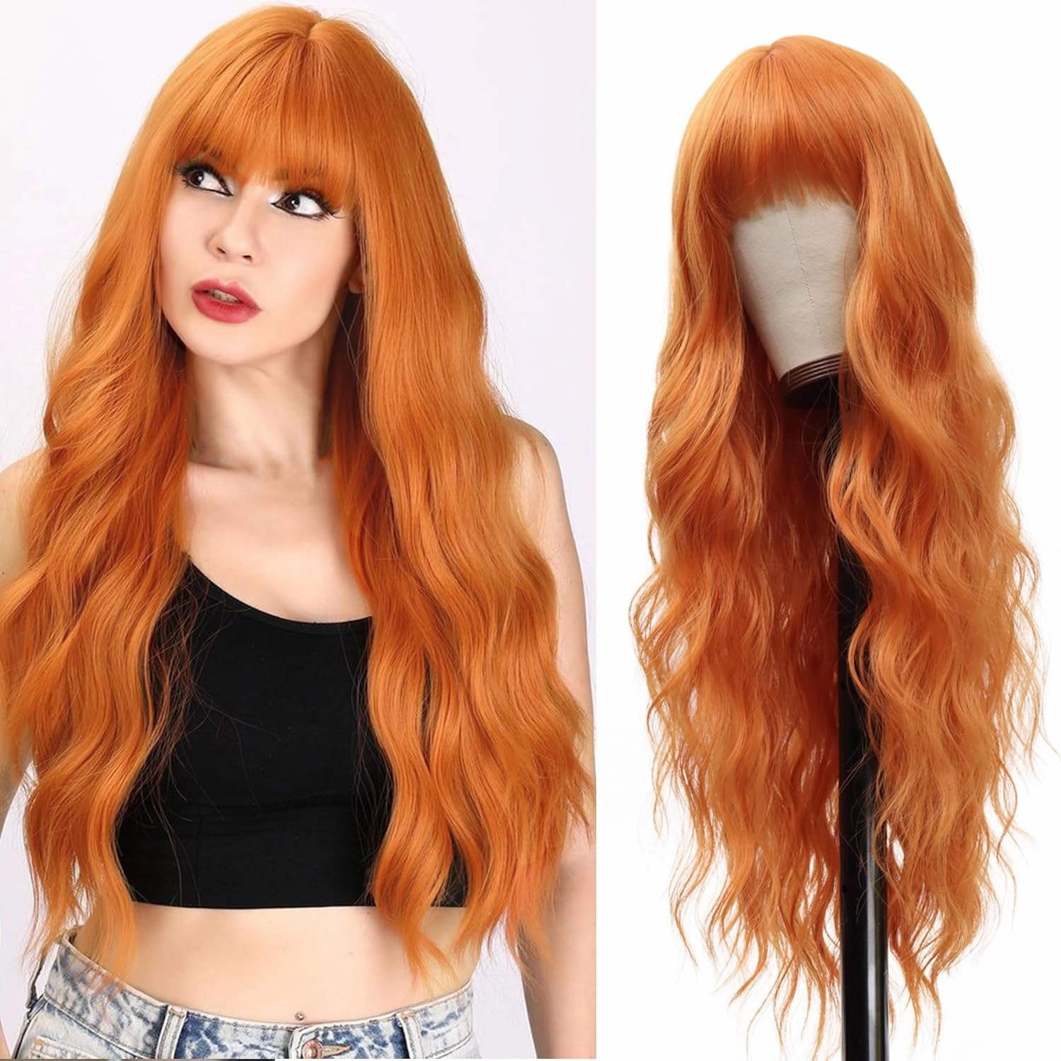 Vomella Orange Wig With Bangs 26 Inch Long Curly Wavy Wigs for Women Natural Looking Synthetic Heat Resistant Wig for Daily Party Use