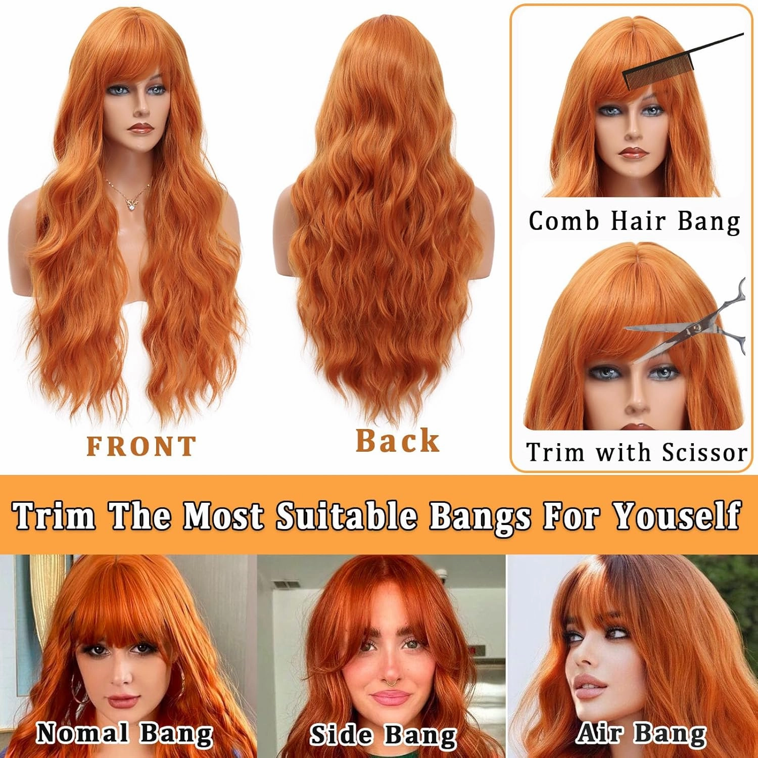 Vomella Orange Wig With Bangs 26 Inch Long Curly Wavy Wigs for Women Natural Looking Synthetic Heat Resistant Wig for Daily Party Use