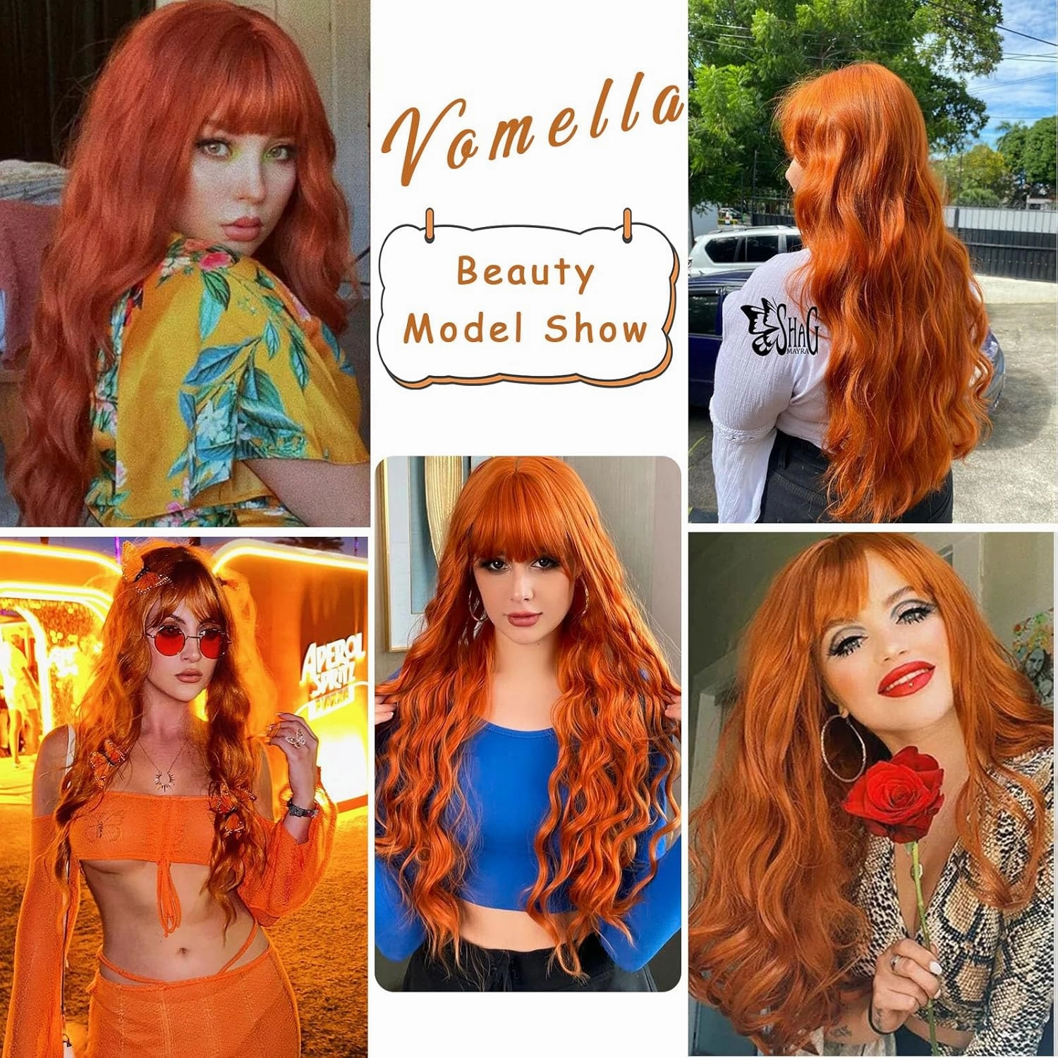 Vomella Orange Wig With Bangs 26 Inch Long Curly Wavy Wigs for Women Natural Looking Synthetic Heat Resistant Wig for Daily Party Use