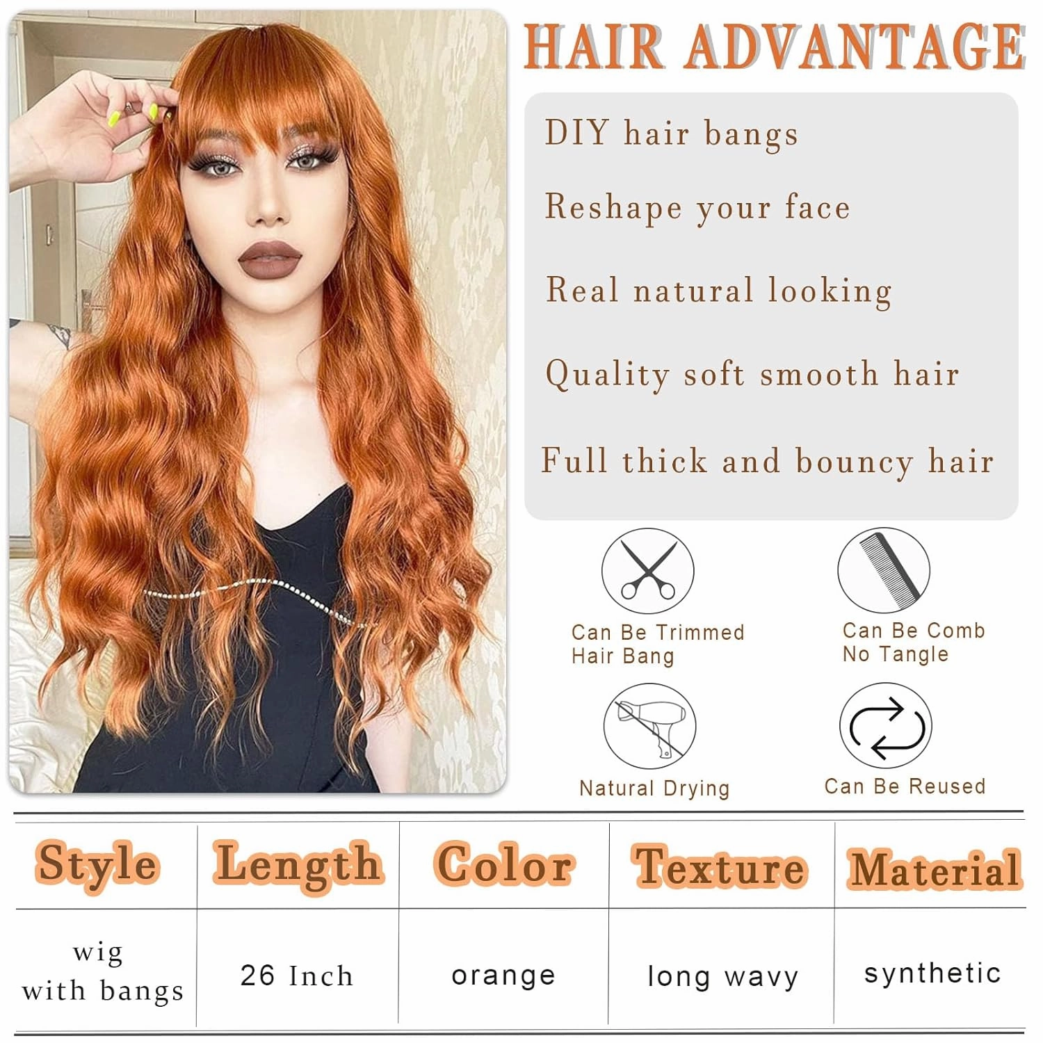 Vomella Orange Wig With Bangs 26 Inch Long Curly Wavy Wigs for Women Natural Looking Synthetic Heat Resistant Wig for Daily Party Use