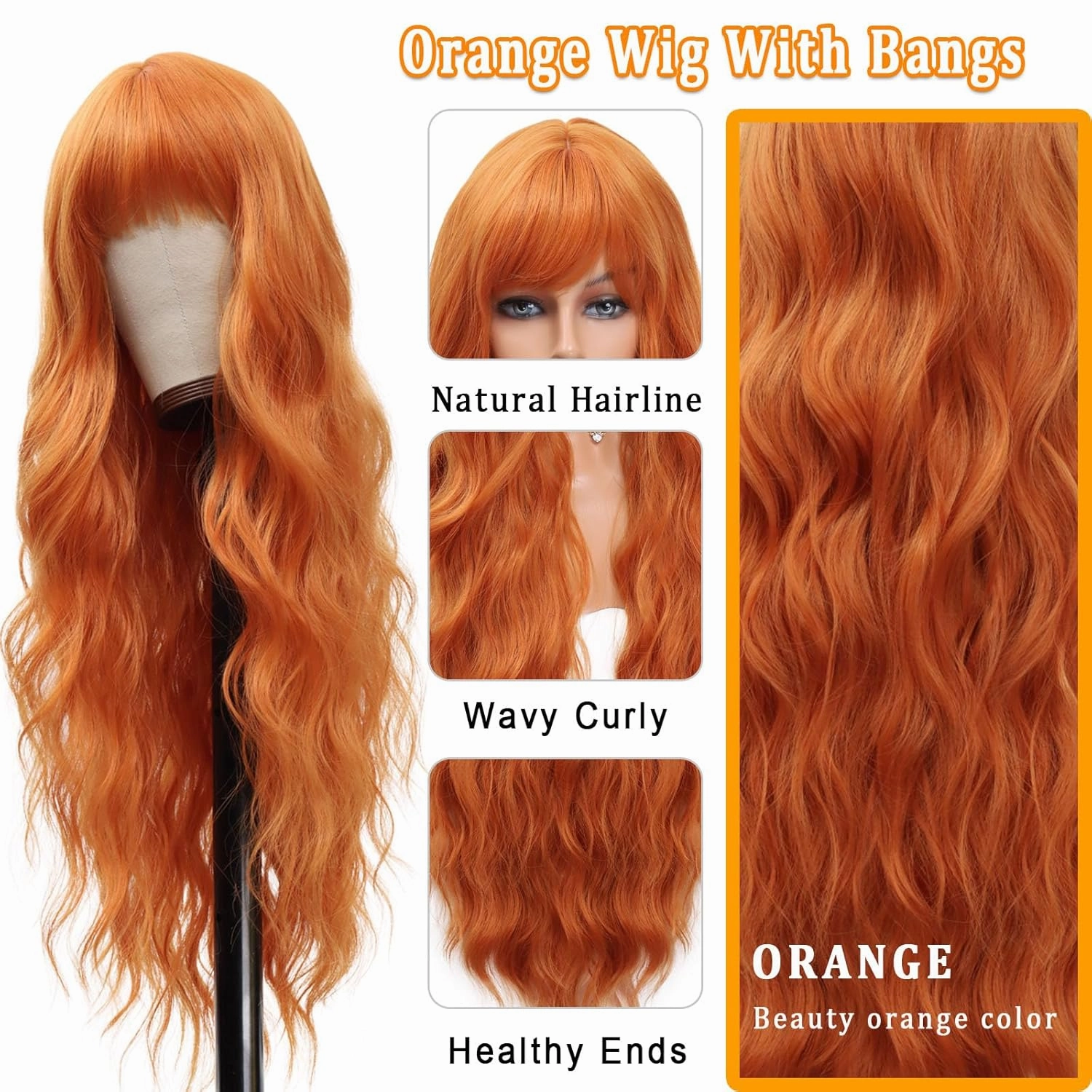Vomella Orange Wig With Bangs 26 Inch Long Curly Wavy Wigs for Women Natural Looking Synthetic Heat Resistant Wig for Daily Party Use