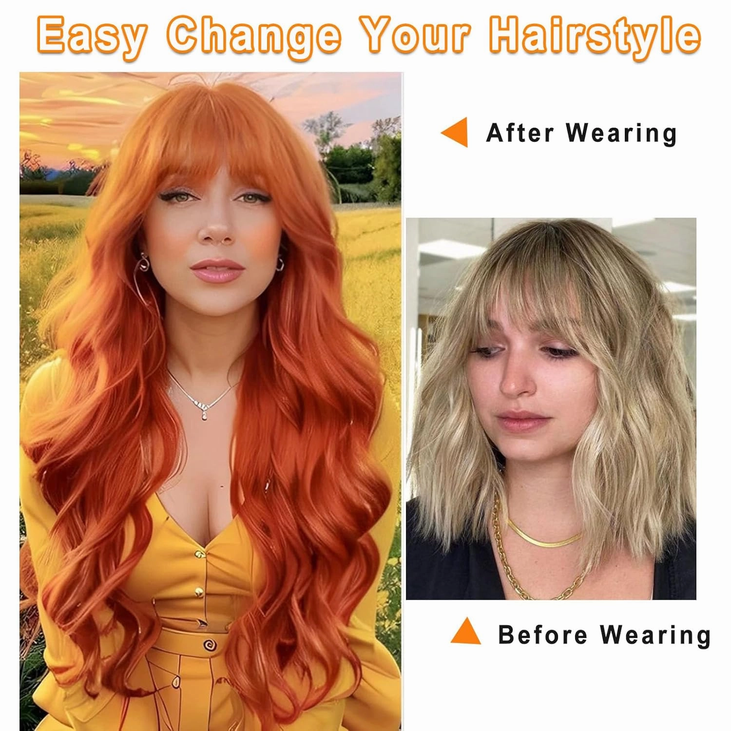 Vomella Orange Wig With Bangs 26 Inch Long Curly Wavy Wigs for Women Natural Looking Synthetic Heat Resistant Wig for Daily Party Use