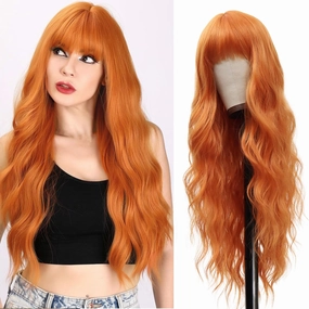 Vomella Orange Wig With Bangs 26 Inch Long Curly Wavy Wigs for Women Natural Looking Synthetic Heat Resistant Wig for Daily Party Use