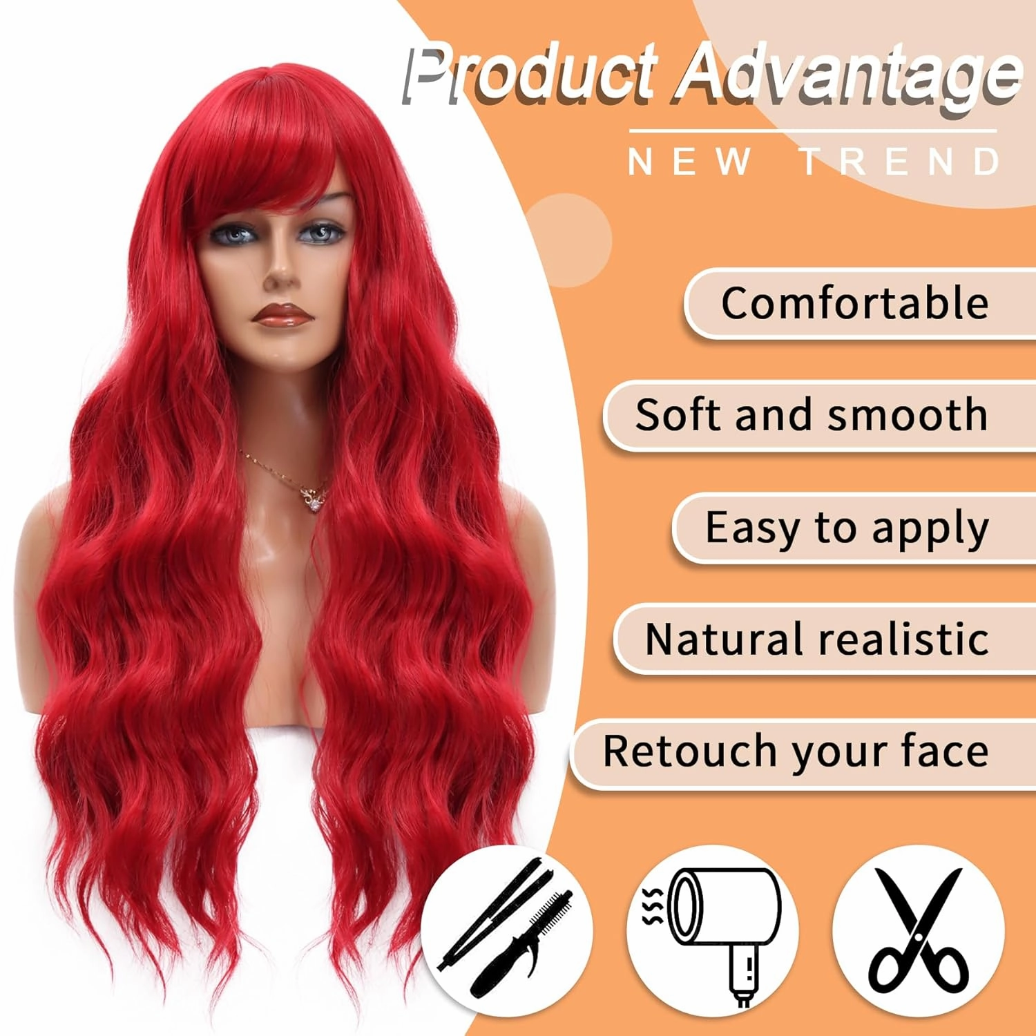 Vomella Red Wig With Bangs 26 Inch Long Curly Wavy Wig for Women Natural Looking Synthetic Heat Resistant Wig for Daily Party Use