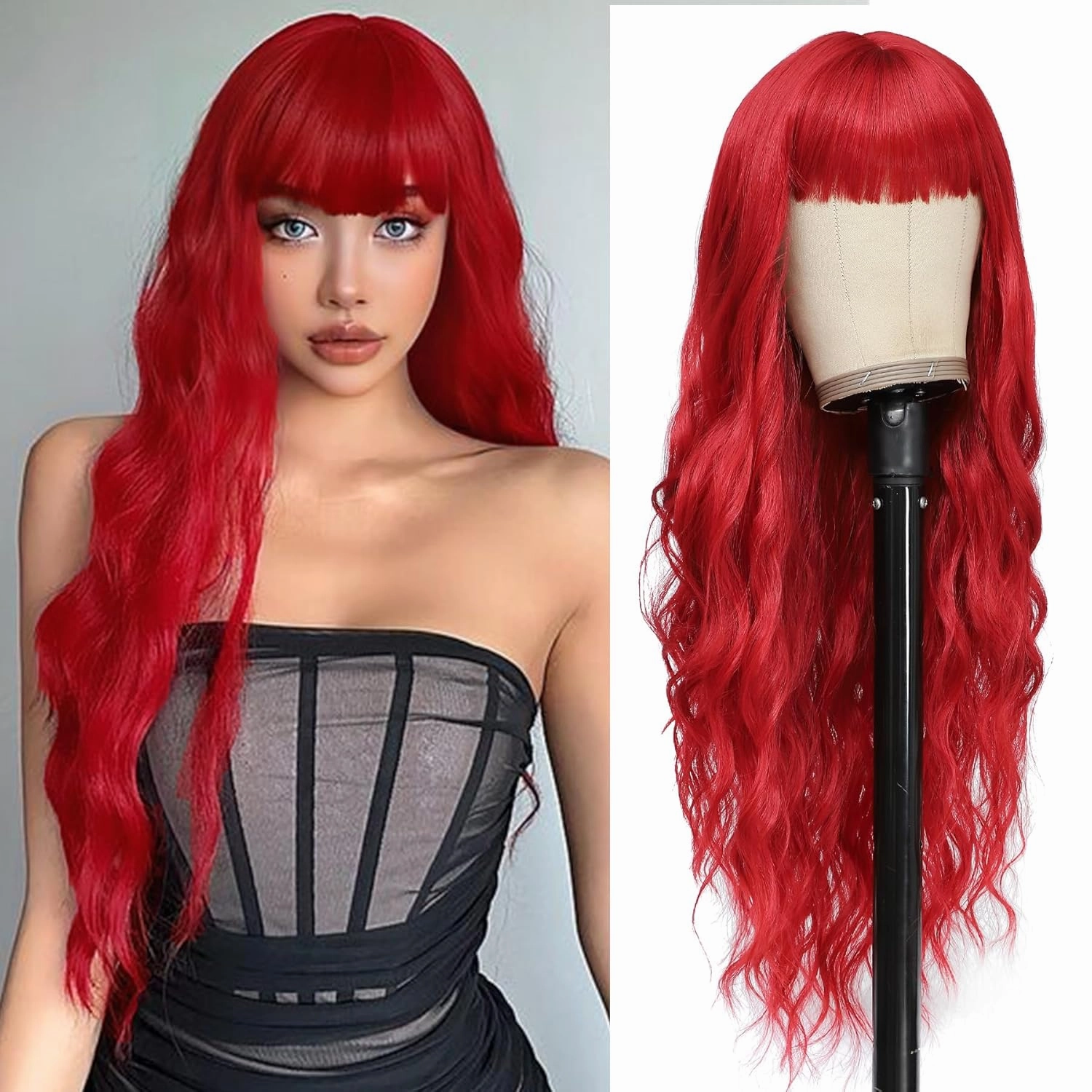 Vomella Red Wig With Bangs 26 Inch Long Curly Wavy Wig for Women Natural Looking Synthetic Heat Resistant Wig for Daily Party Use