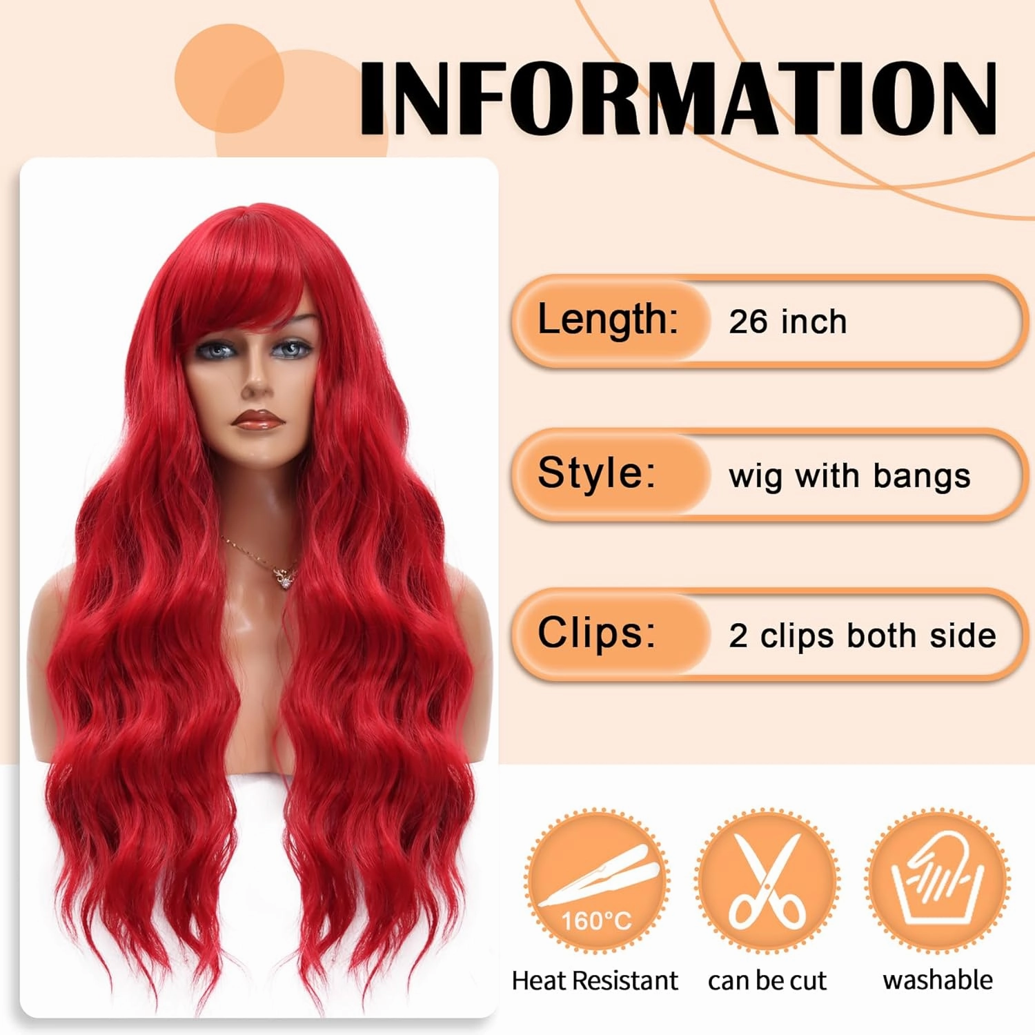 Vomella Red Wig With Bangs 26 Inch Long Curly Wavy Wig for Women Natural Looking Synthetic Heat Resistant Wig for Daily Party Use