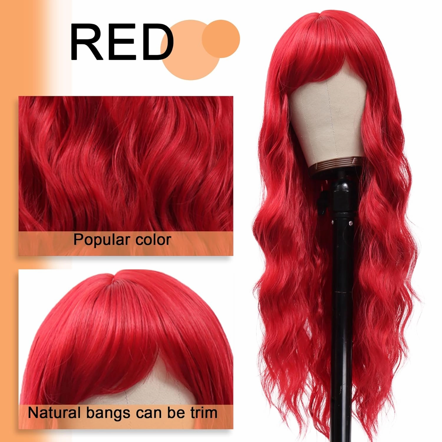 Vomella Red Wig With Bangs 26 Inch Long Curly Wavy Wig for Women Natural Looking Synthetic Heat Resistant Wig for Daily Party Use