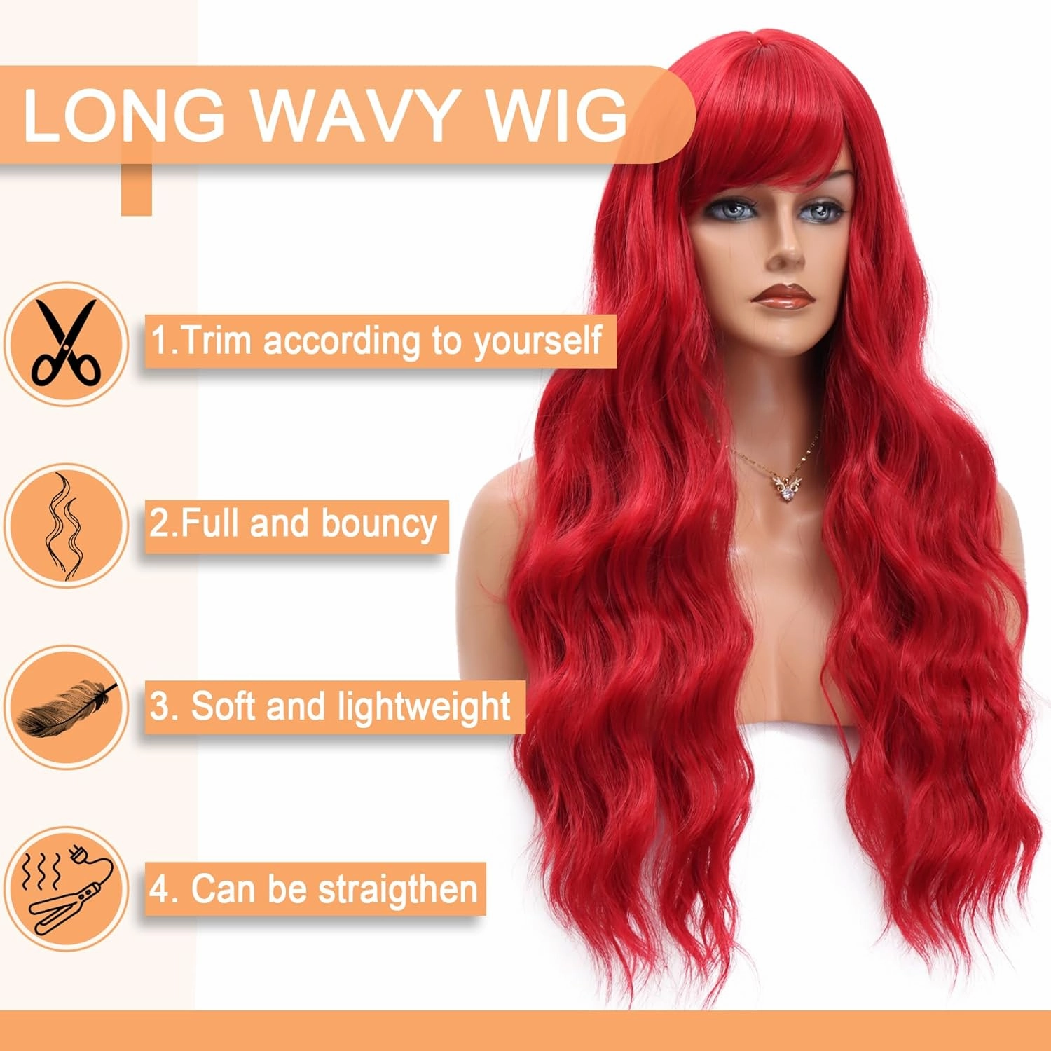 Vomella Red Wig With Bangs 26 Inch Long Curly Wavy Wig for Women Natural Looking Synthetic Heat Resistant Wig for Daily Party Use