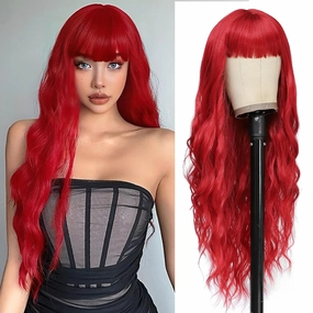 Vomella Red Wig With Bangs 26 Inch Long Curly Wavy Wig for Women Natural Looking Synthetic Heat Resistant Wig for Daily Party Use