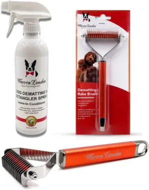 Warren London Dog Mat Remover Combo | Detangling Spray 16oz & Rake Brush | Tackles Tangles, Knots & Mats | 16oz Aloe & Jojoba Spray   Grooming Rake | $40 Value – Only $29.99