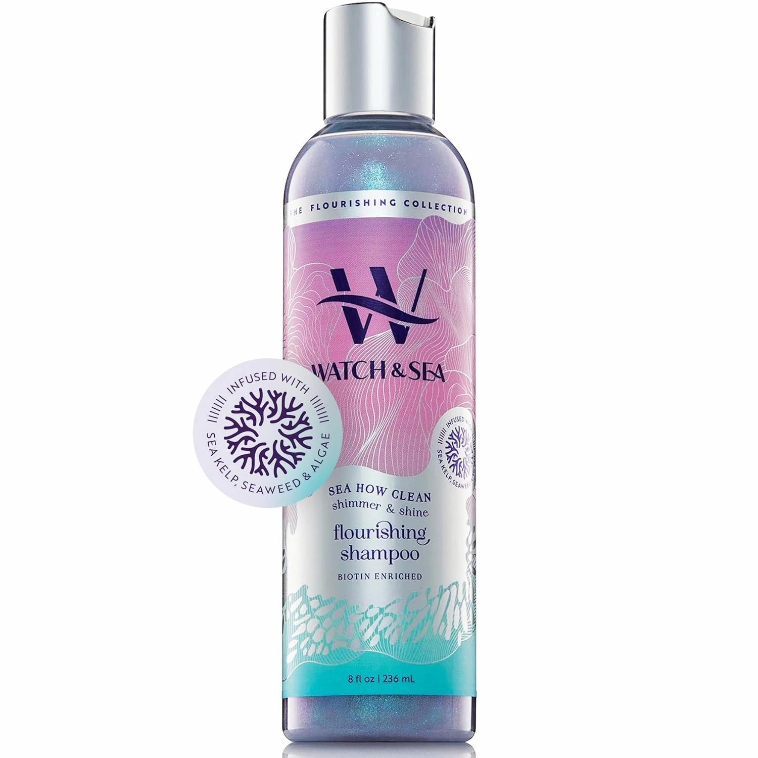 Watch & Sea Shimmer & Shine Flourishing Shampoo - “Sea How Clean” Hydrating Shampoo for Curly Hair with Seaweed and Sea Kelp - Great for Everyday Use and All Hair Types - 8oz
