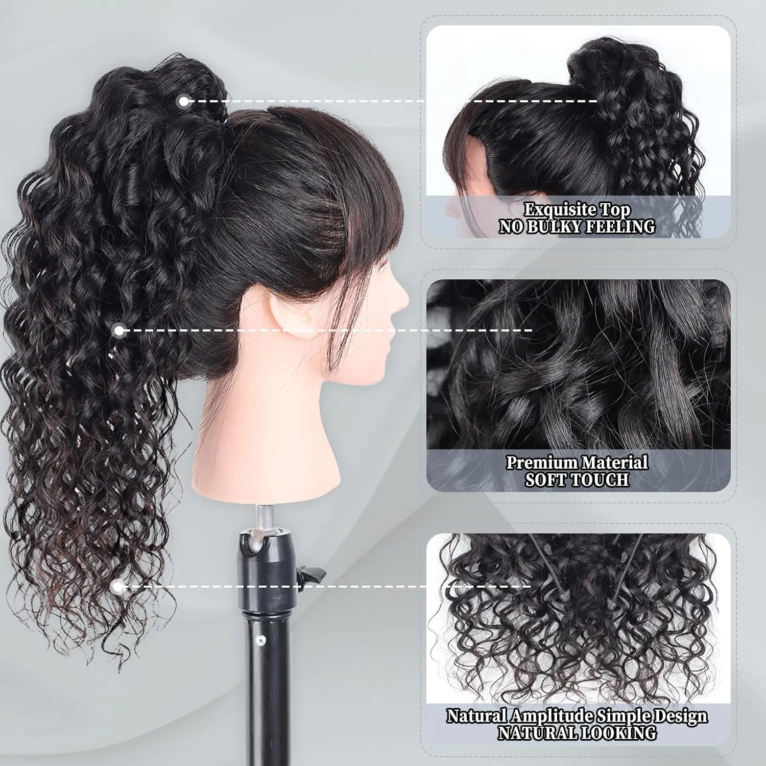 Water Wave Ponytail Extension Drawstring Human Hair Clip In Real Brazilian Virgin Human Hair Ponytails For Black Women Wet And Wavy Hair Pieces Natural Black (Water Wave Ponytail, 22 Inch)