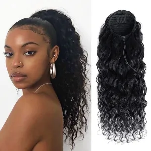 Water Wave Ponytail Extension Drawstring Human Hair Clip In Real Brazilian Virgin Human Hair Ponytails For Black Women Wet And Wavy Hair Pieces Natural Black (Water Wave Ponytail, 22 Inch)