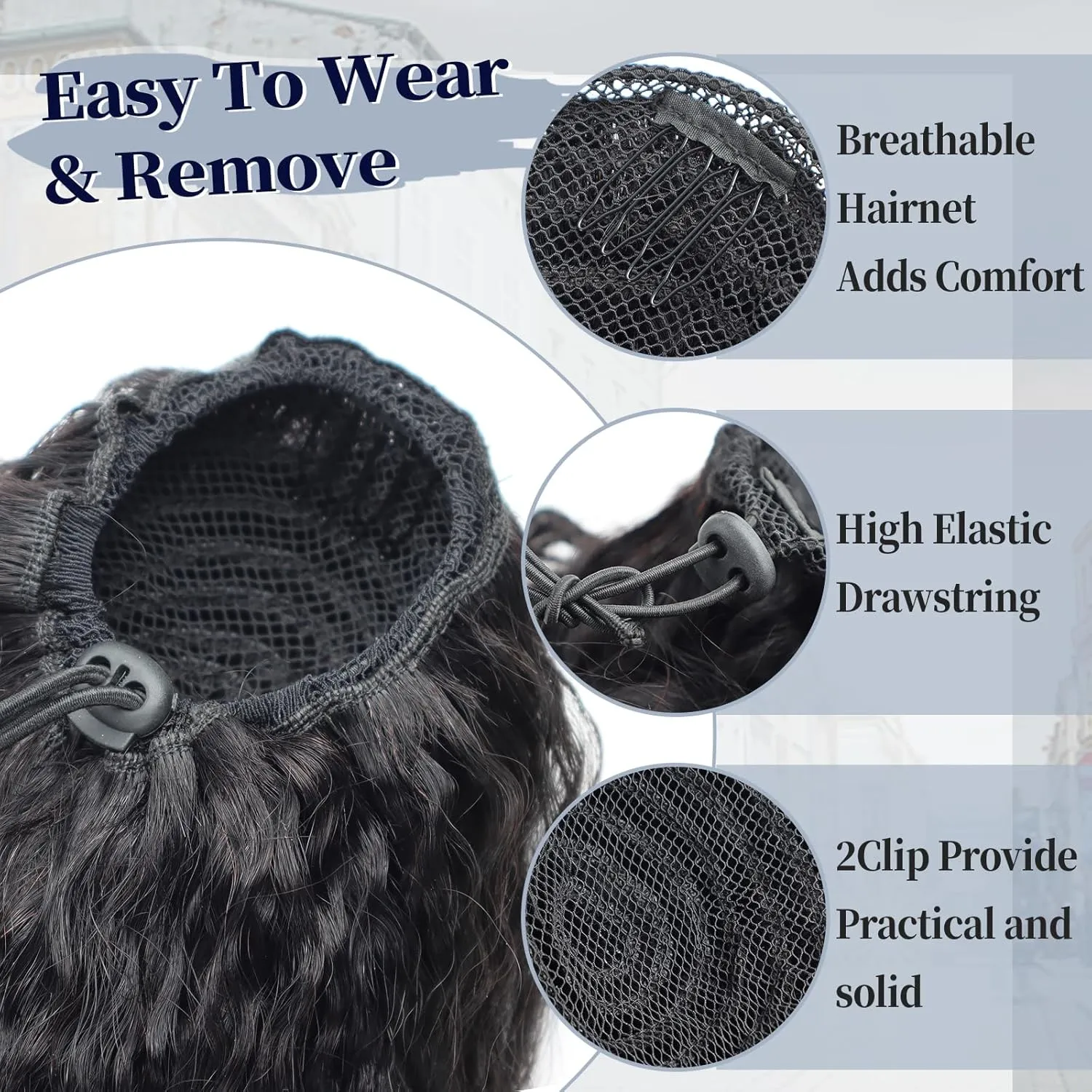 Water Wave Ponytail Extension Drawstring Human Hair Clip In Real Brazilian Virgin Human Hair Ponytails For Black Women Wet And Wavy Hair Pieces Natural Black (Water Wave Ponytail, 22 Inch)