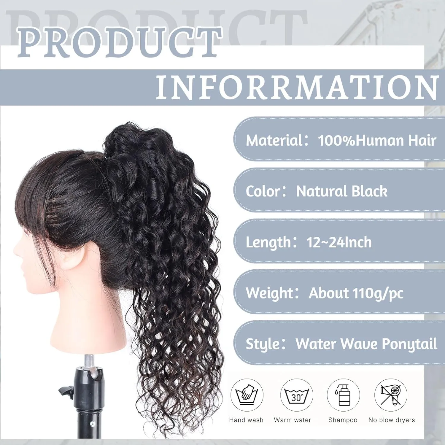 Water Wave Ponytail Extension Drawstring Human Hair Clip In Real Brazilian Virgin Human Hair Ponytails For Black Women Wet And Wavy Hair Pieces Natural Black (Water Wave Ponytail, 22 Inch)