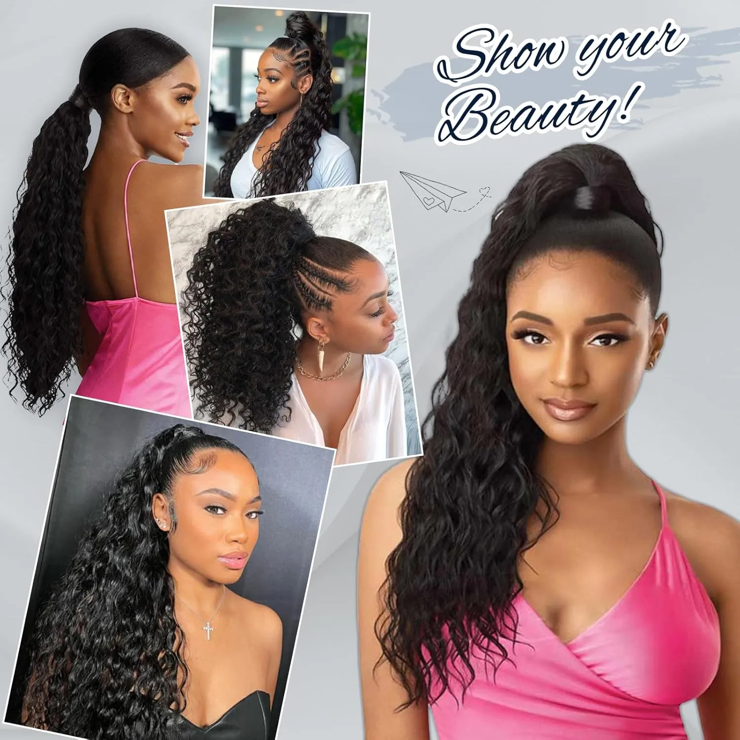 Water Wave Ponytail Extension Drawstring Human Hair Clip In Real Brazilian Virgin Human Hair Ponytails For Black Women Wet And Wavy Hair Pieces Natural Black (Water Wave Ponytail, 22 Inch)