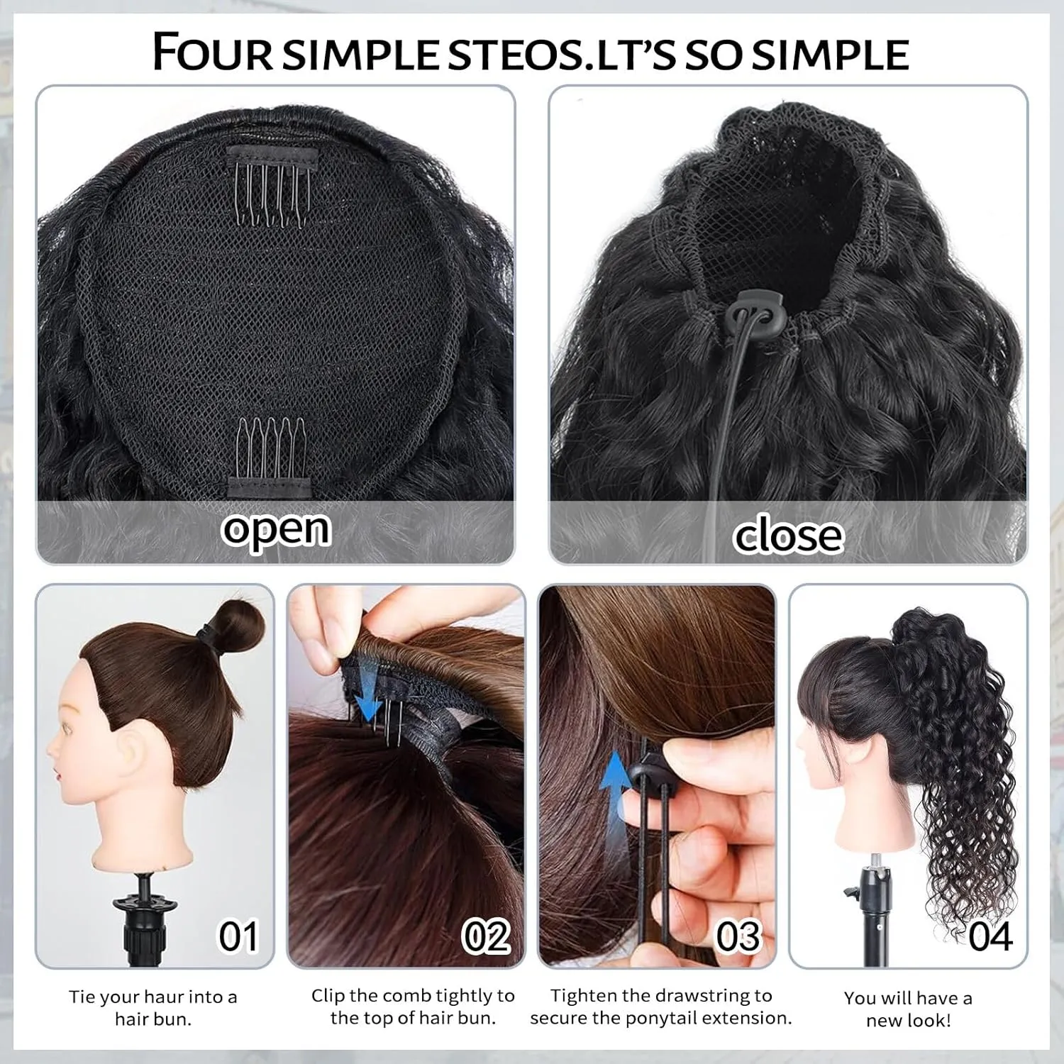 Water Wave Ponytail Extension Drawstring Human Hair Clip In Real Brazilian Virgin Human Hair Ponytails For Black Women Wet And Wavy Hair Pieces Natural Black (Water Wave Ponytail, 22 Inch)