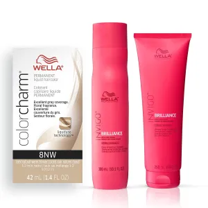 Wella Professionals Invigo Brilliance Color Protection Shampoo & Conditioner, For Fine Hair   Wella ColorCharm Permanent Liquid Hair Color for Gray Coverage, 8NW Light Natural Warm Blonde