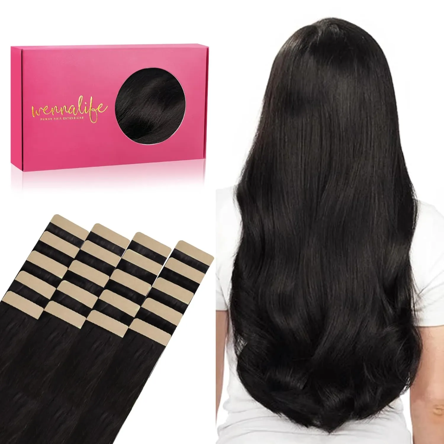 WENNALIFE Tape in Hair Extensions Human Hair, 20pcs 50g 14 inch Natural Black Remy Hair Extensions Straight Human Hair Tape in Extensions Skin Weft Tape Extensions Human Hair